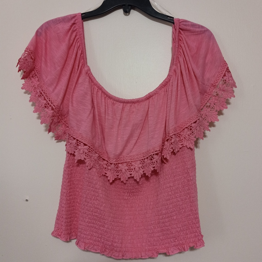 New Paper+Tee 3X Top Ruffle Off Shoulder Pink Smocked Crochet